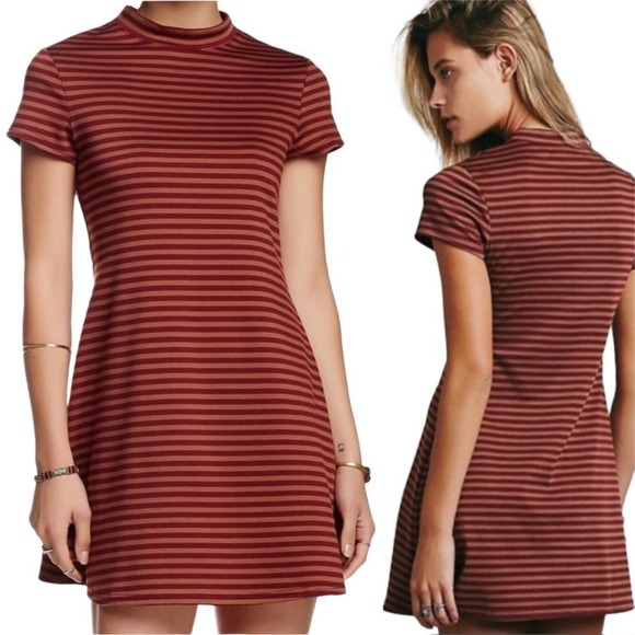Free People FP Beach Mock Neck Striped Dress in Bordeaux Size Small - Picture 1 of 7